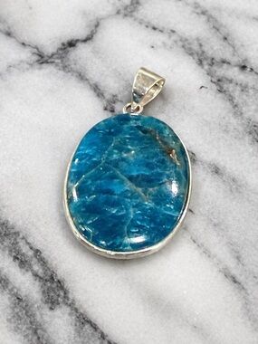 Blue Apatite Pendant Sterling Silver Natural Gemstone Statement Pendant